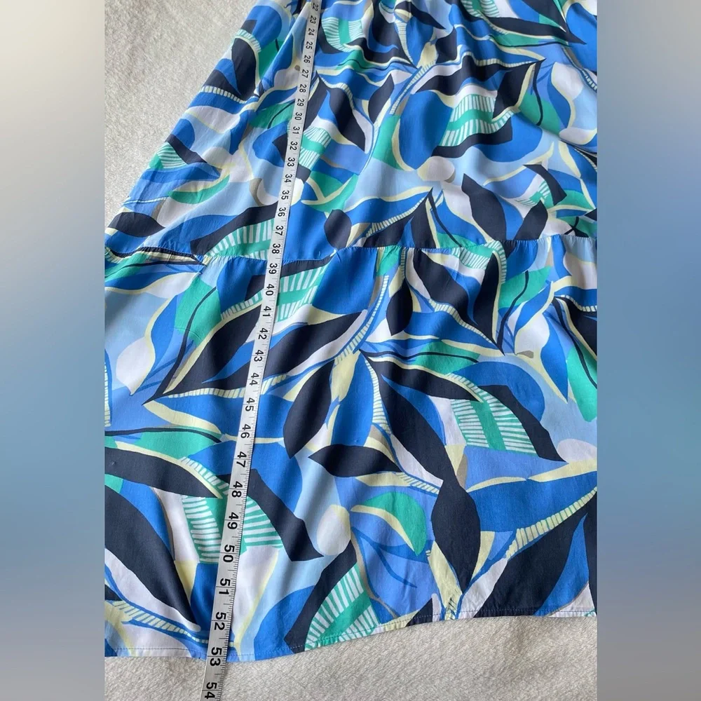 LOFT Blue Green Abstract Print Ruffle Sleeve Maxi Dress Large Petite - Picture 14 of 15
